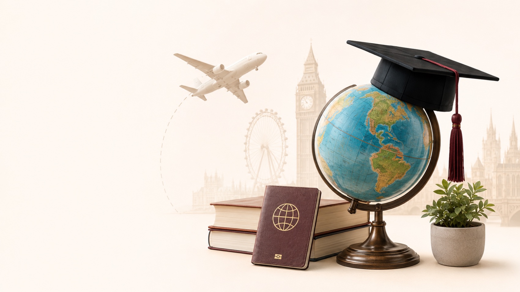 A globe with a graduation cap, an airplane and the London skyline